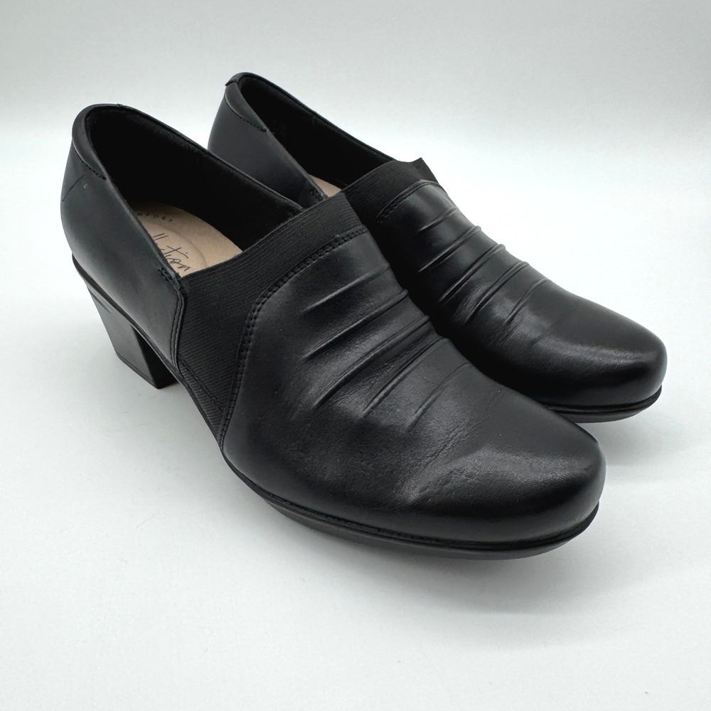 Clarks Collection Comfort Leather Womens 9 Pleated Block Heel Slip On Stretch
